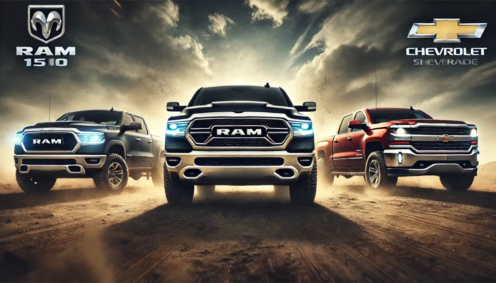 RAM truck facing off against its competitors in a dramatic side-by-side comparison. The scene features a rugged RAM 1500 on one side, with
