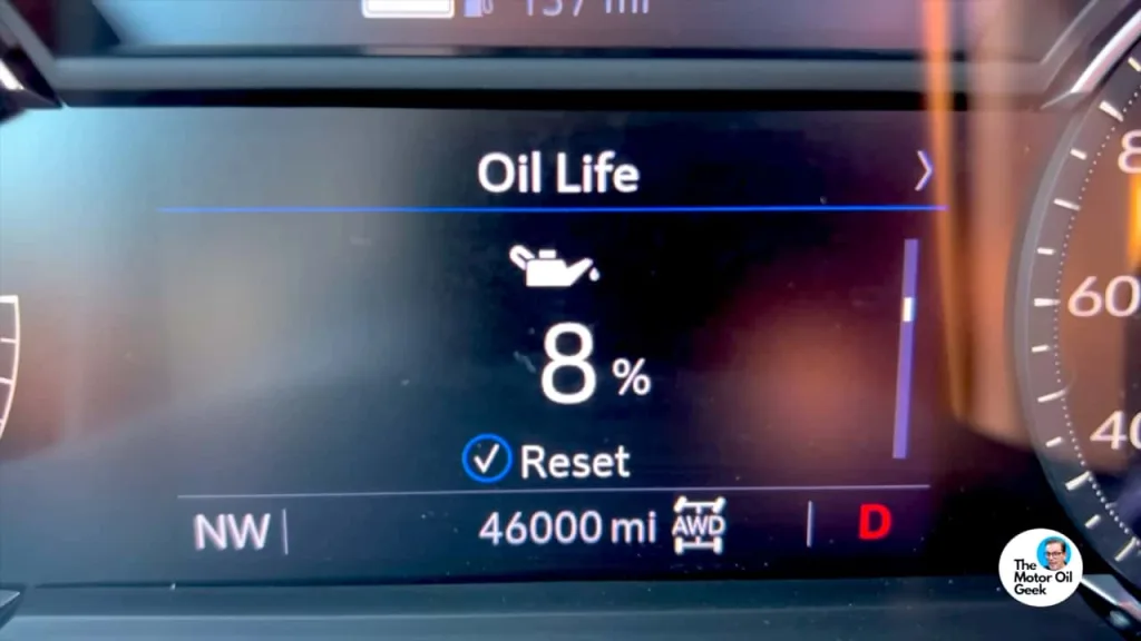 A car’s dashboard display showing an Oil Life Remaining percentage