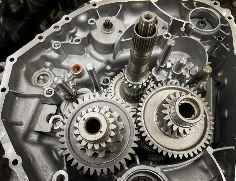 an open transmission case showing gears and shafts