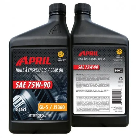 two different brands of gear oil bottles, one 75W-90 and one 80W-90, with price tags